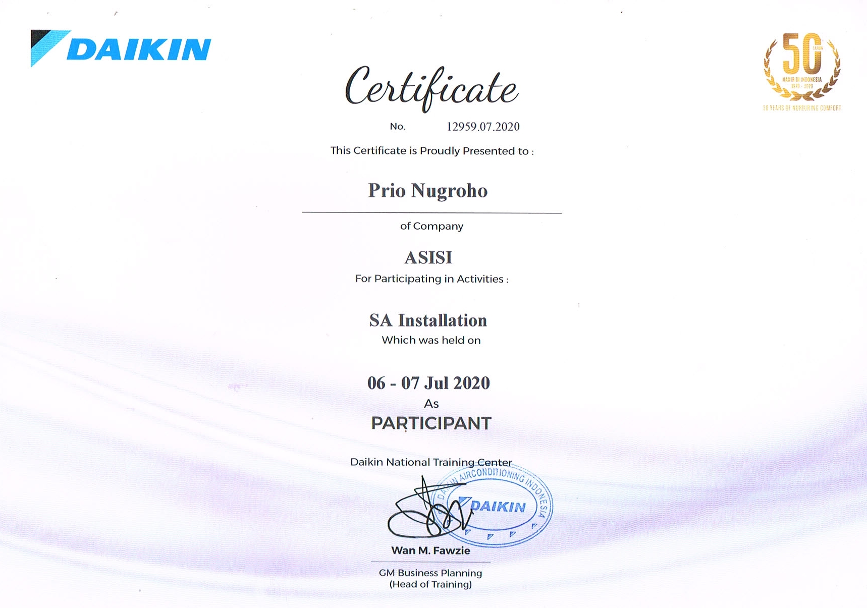 SERTIFIKAT DAIKIN SA INSTALLASI